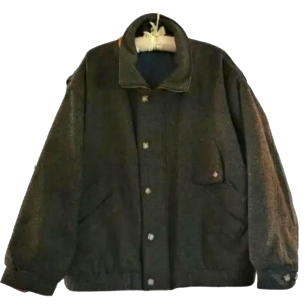 Vintage Silverado Wool Chore Barn Bomber Jacket Leather Trim Denim Lining